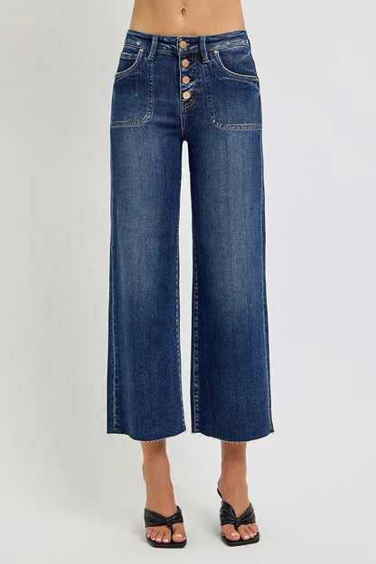 RISEN Cropped Jeans High Rise Wide Leg Button Up - In Style Chics Boutique 