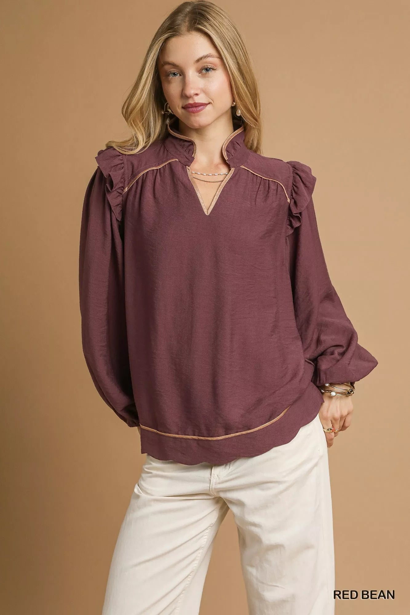 Ruffle Shoulder Long Sleeve Blouse