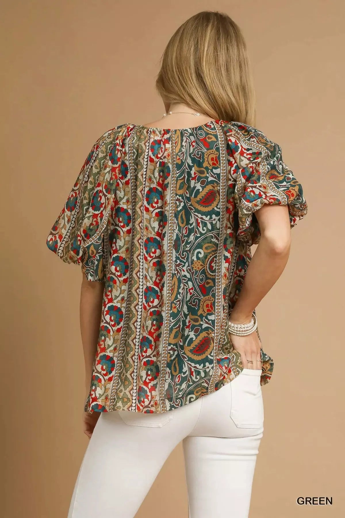 Boho Blouse, Floral Stripe Puff Sleeve at In Style Chics Boutique 