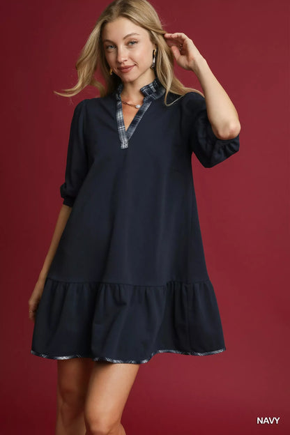 French Terry Ruffle Hem Dress with Plaid Trim at In Style Chics Boutique Fall Fashion Must Haves