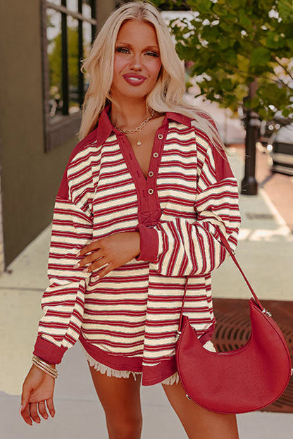 Stripe Collared V Neck Drop Shoulder Top - In Style Chics Boutique LLC