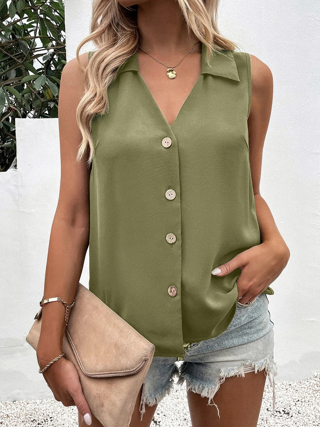 Full Size Johnny Collar Button Up Tank - More Colors! - In Style Chics Boutique LLC