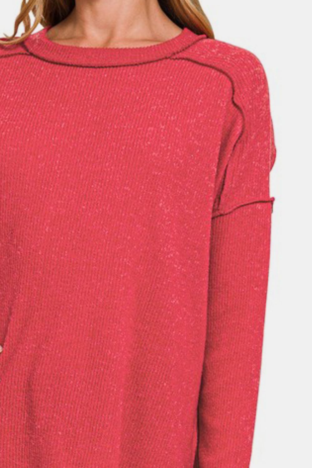 Zenana Full Size Exposed Seam Brushed Round Neck Sweater - In Style Chics Boutique LLC