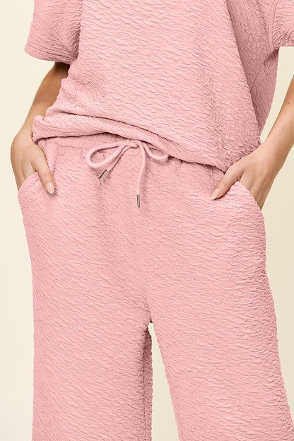Double Take Texture Short Sleeve Top and Pants Set - In Style Chics Boutique LLC