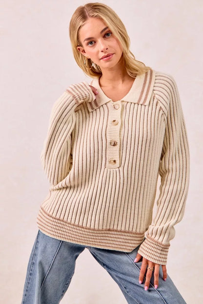 Half Button Ribbed Two Tone Sweater at In Style Chics Boutique 