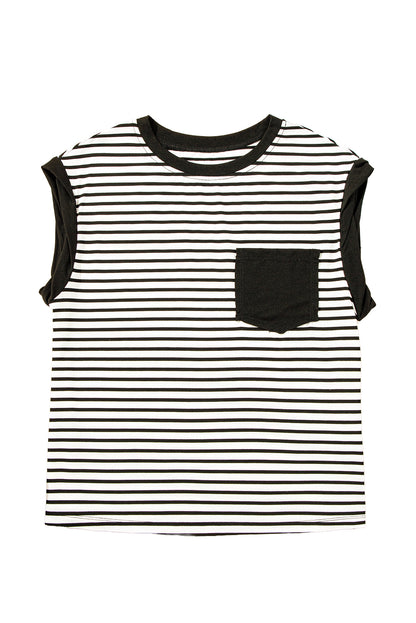Black Stripe Chest Pocket Patch Round Neck Sleeveless Tee - Cute Clothes for Spring Summer - In Style Chics Boutique Women's Juniors Apparel Online 