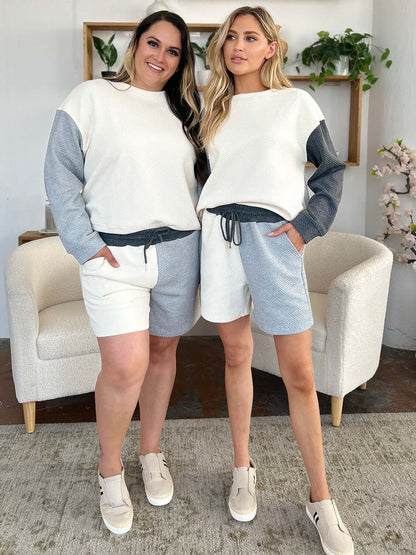Double Take Full Size Contrast Drop Shoulder Top and Shorts Set - In Style Chics Boutique LLC