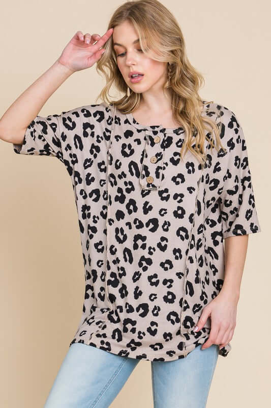 Button Detail Exposed Seam Leopard Half Sleeve Top - Cute Clothing Online Women's Juniors Apparel - In Style Chics Boutique 