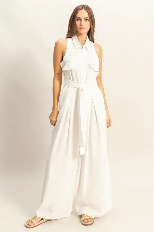 White Jumpsuit - Sleeveless Tie Waist Wide Leg - In Style Chics Boutique Women's Juniors Fashion Style Online 