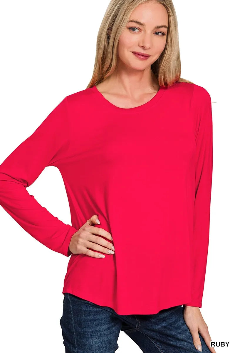 Long Sleeve Top Flowy Round Hem Rayon at In Style Chics Boutique 