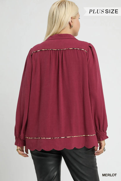 Linen Blouse Scallop Hem with Contrast Trim at In Style Chics Boutique 