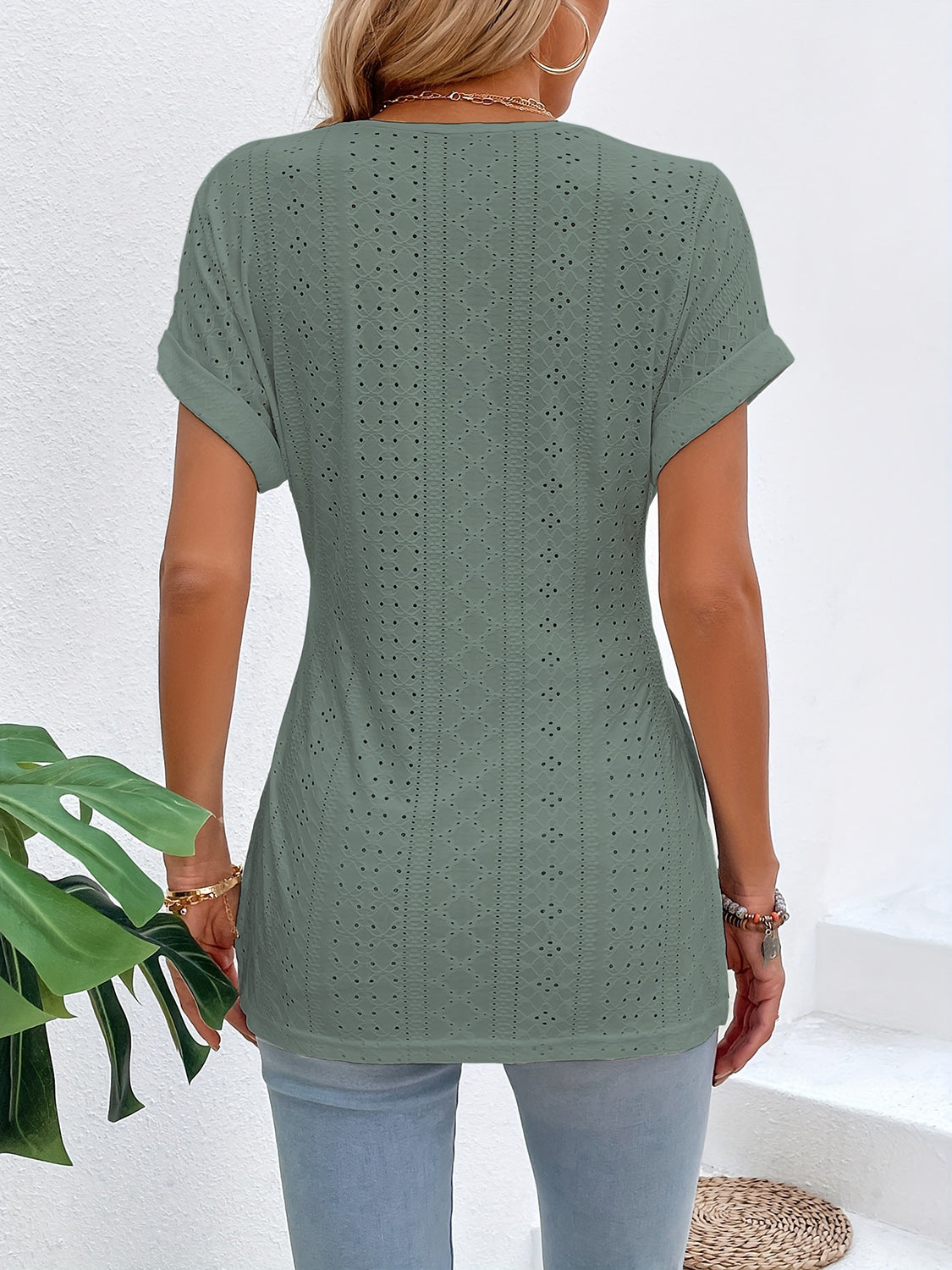 Slit Eyelet V-Neck Short Sleeve Blouse - More Colors! - In Style Chics Boutique LLC