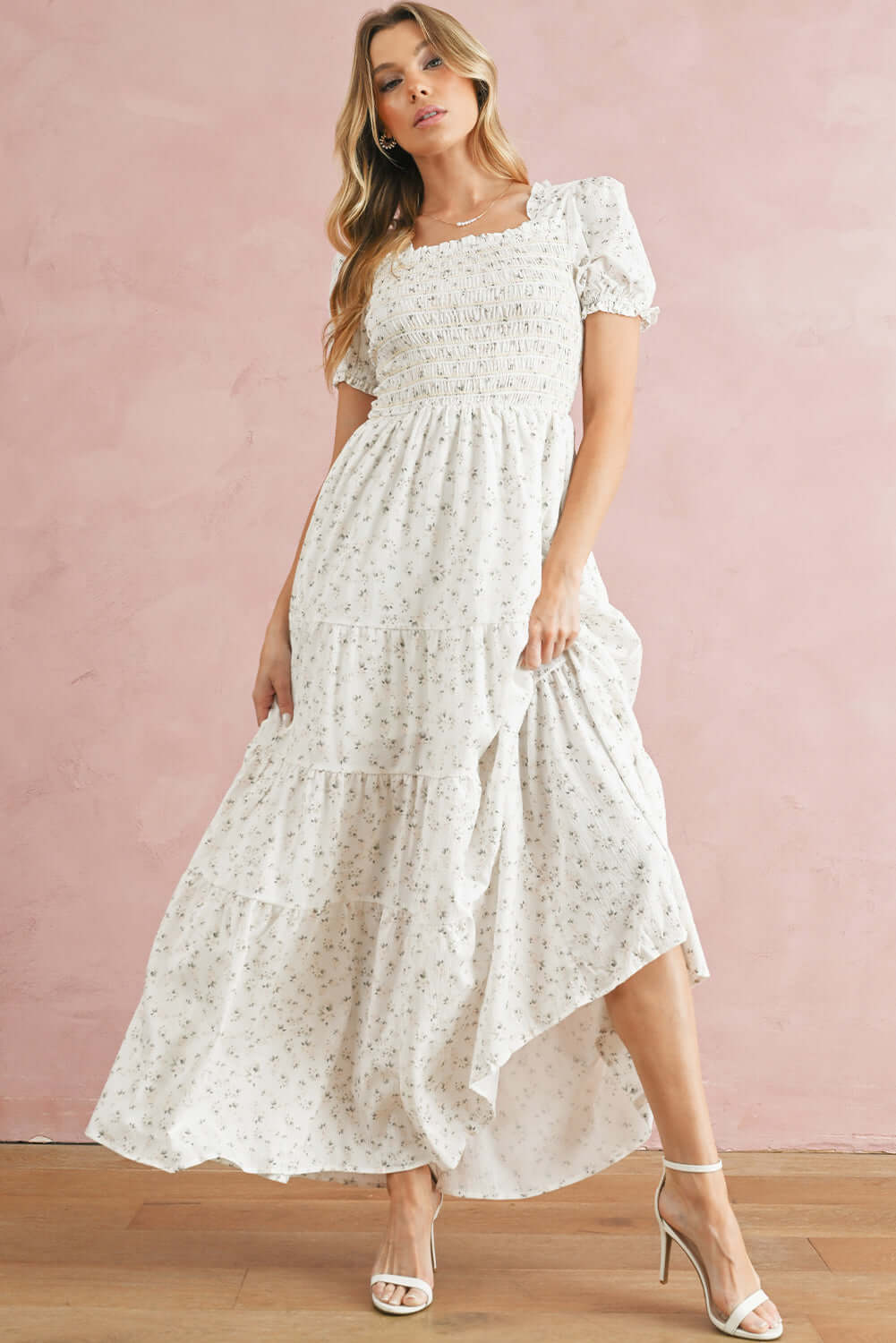 White Frill Neckline Shirred Bodice Floral Maxi Dress - In Style Chics Boutique Online Clothing Women's Juniors Apparel 