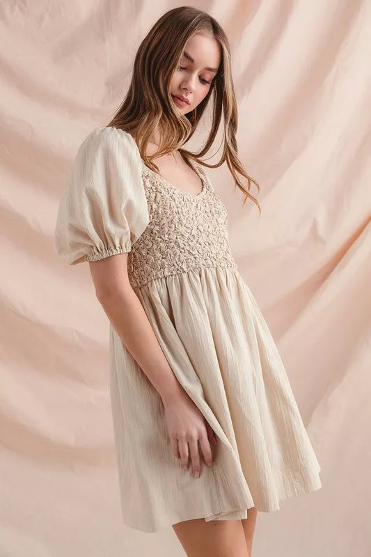 Textured Woven Daily Dress with Puff Sleeves at In Style Chics Boutique 
