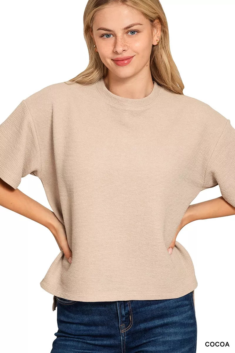 Double Knit Side Slits Hi Low Short Sleeve White Top at In Style Chics Boutique 