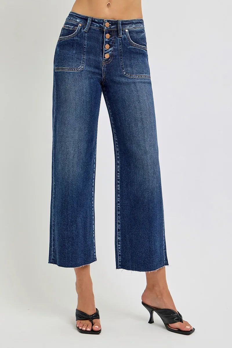 RISEN Cropped Jeans High Rise Wide Leg Button Up - In Style Chics Boutique 