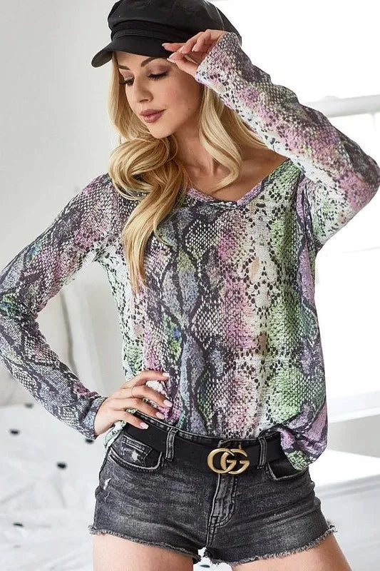 V Neck Top, Snakeskin Print Low Gauge Hacci  at In Style Chics Boutique 