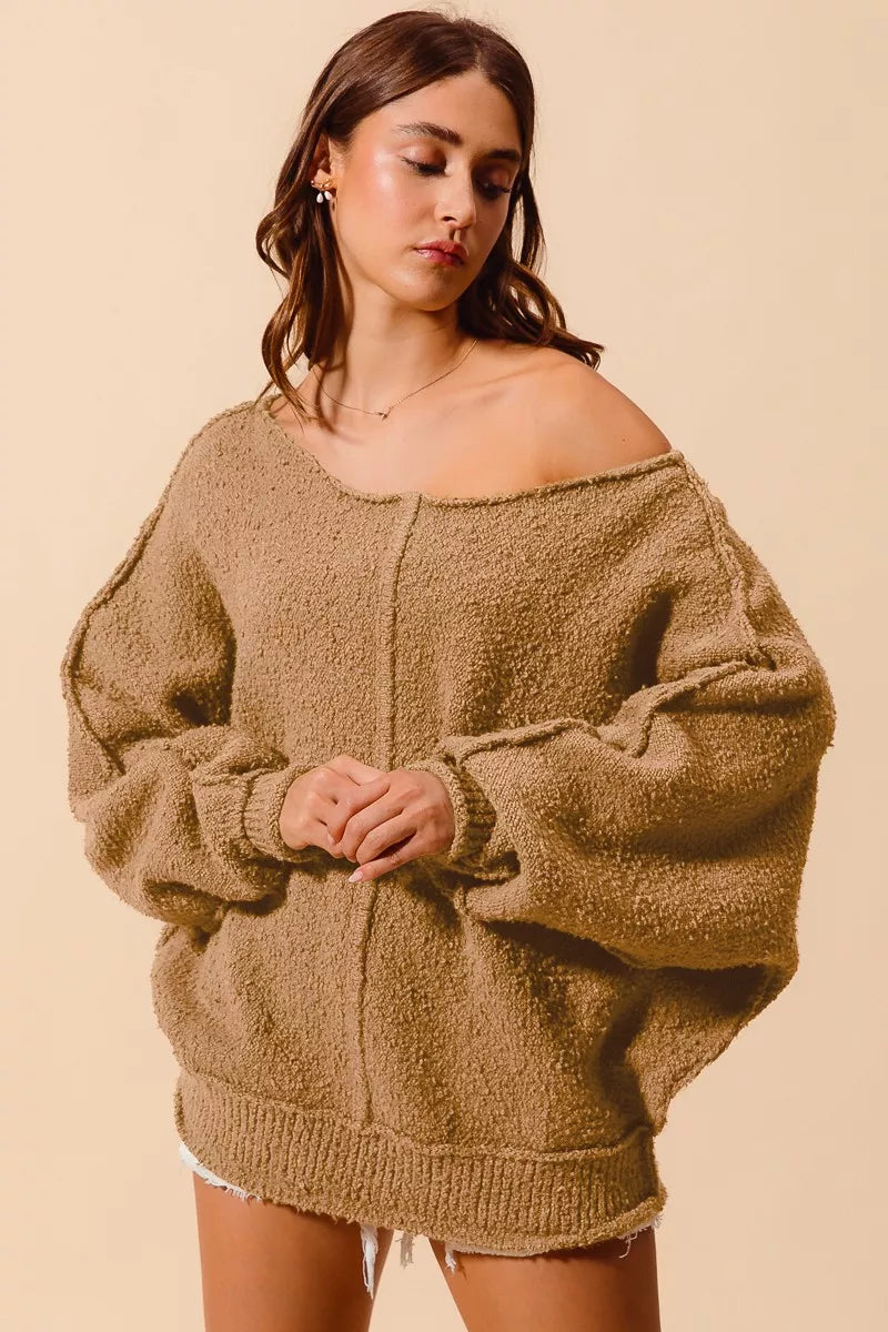 Loose Fit Exposed Seam Slouchy Boucle Sweater at In Style Chics Boutique 