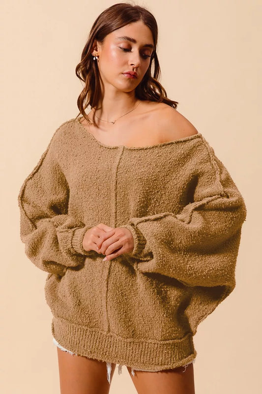 Loose Fit Exposed Seam Slouchy Boucle Sweater at In Style Chics Boutique 