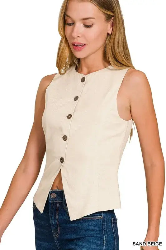Linen Button Down Vest - Sand Beige - In Style Chics Boutique Women's Juniors Apparel Online 