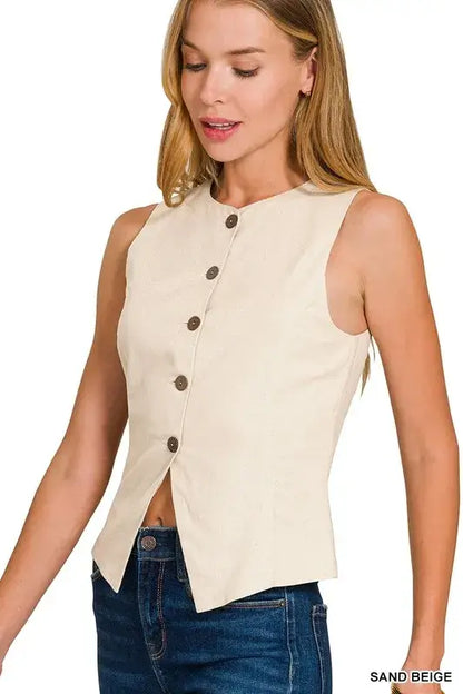 Linen Button Down Vest - Sand Beige - In Style Chics Boutique Women's Juniors Apparel Online 