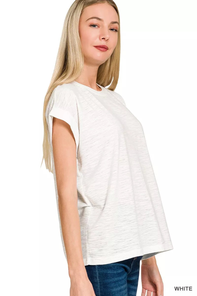 White Rolled Sleeve Slub Tee with Soft Stretch Fabric and Relaxed Everyday Fit 🤍