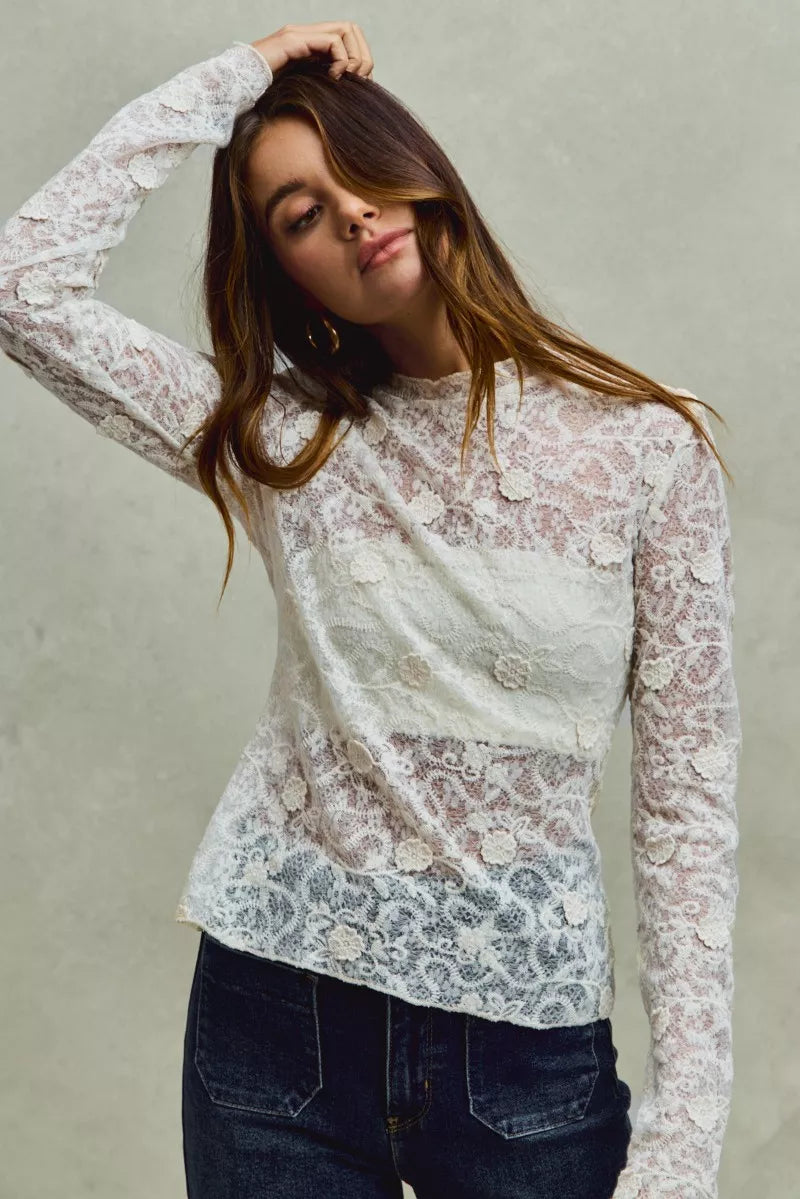 Lace Long Sleeve 3d Effect Floral Layering Top in off white 