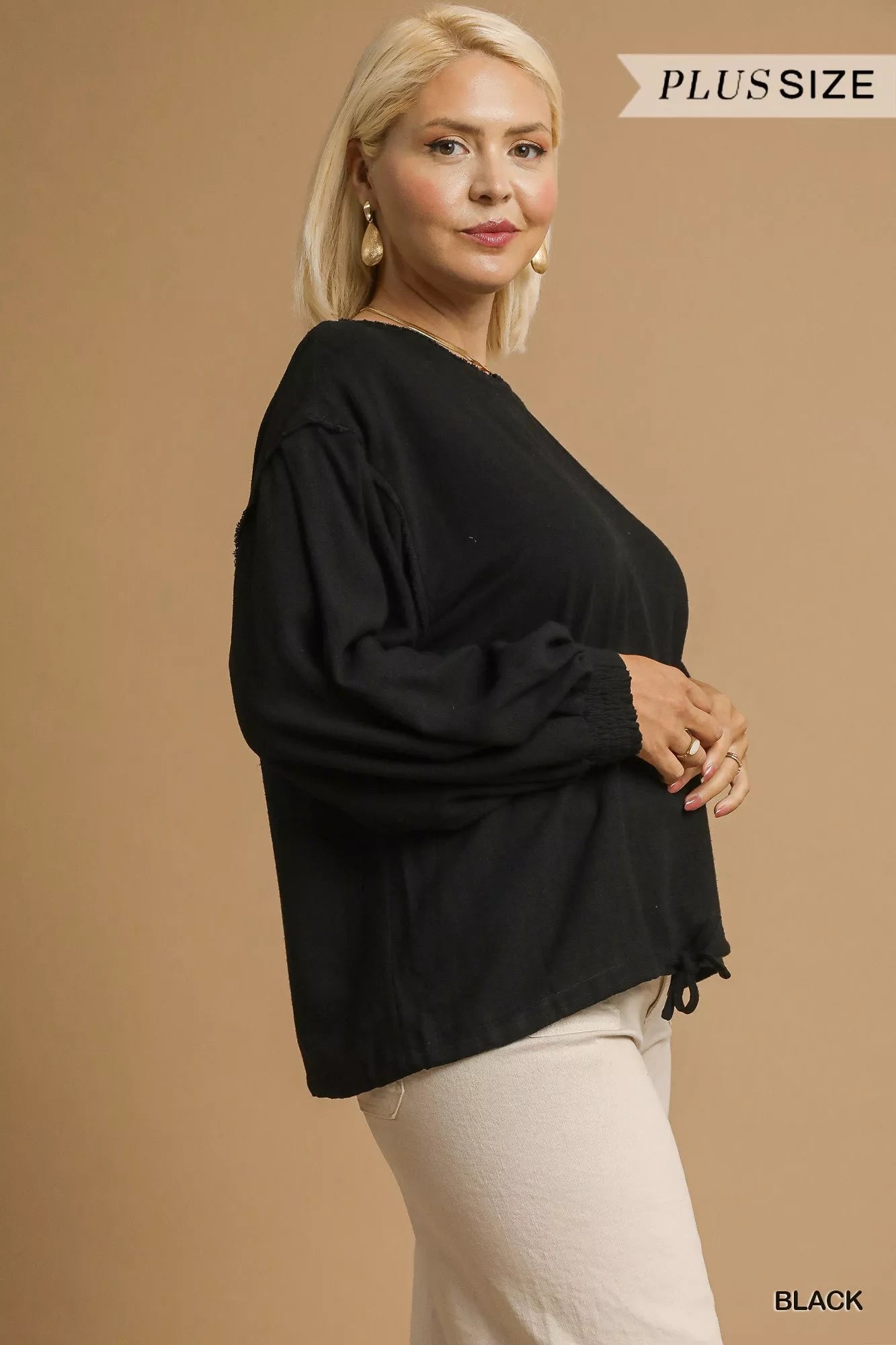 Linen Long Sleeve Plus Size Top with Drawstring  at In Style Chics Boutique 