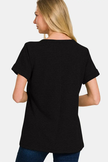 Women's Notched Short Sleeve Waffle T-Shirt