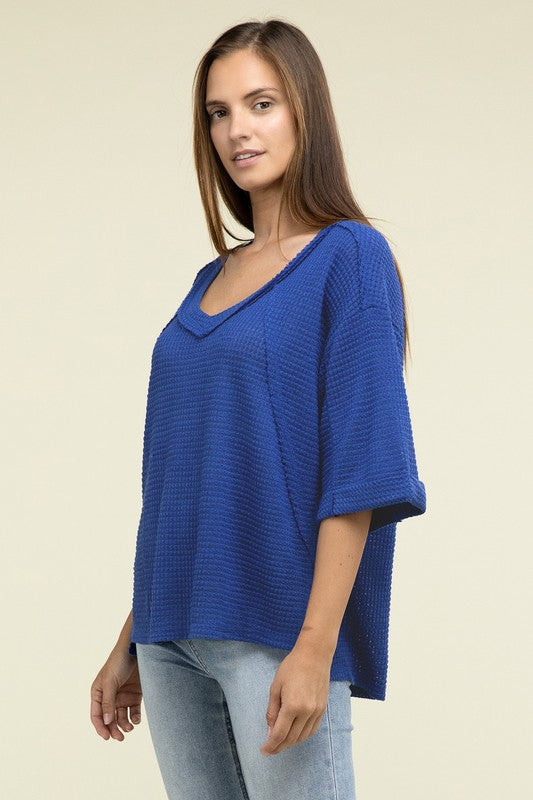 Brushed Waffle Exposed-Seam 3/4 Sleeve Top - In Style Chics Boutique LLC