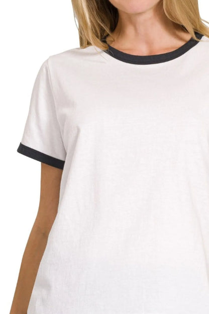 Short Sleeve Tee Shirt, White Black Contrast Binding - In Style Chics Boutique