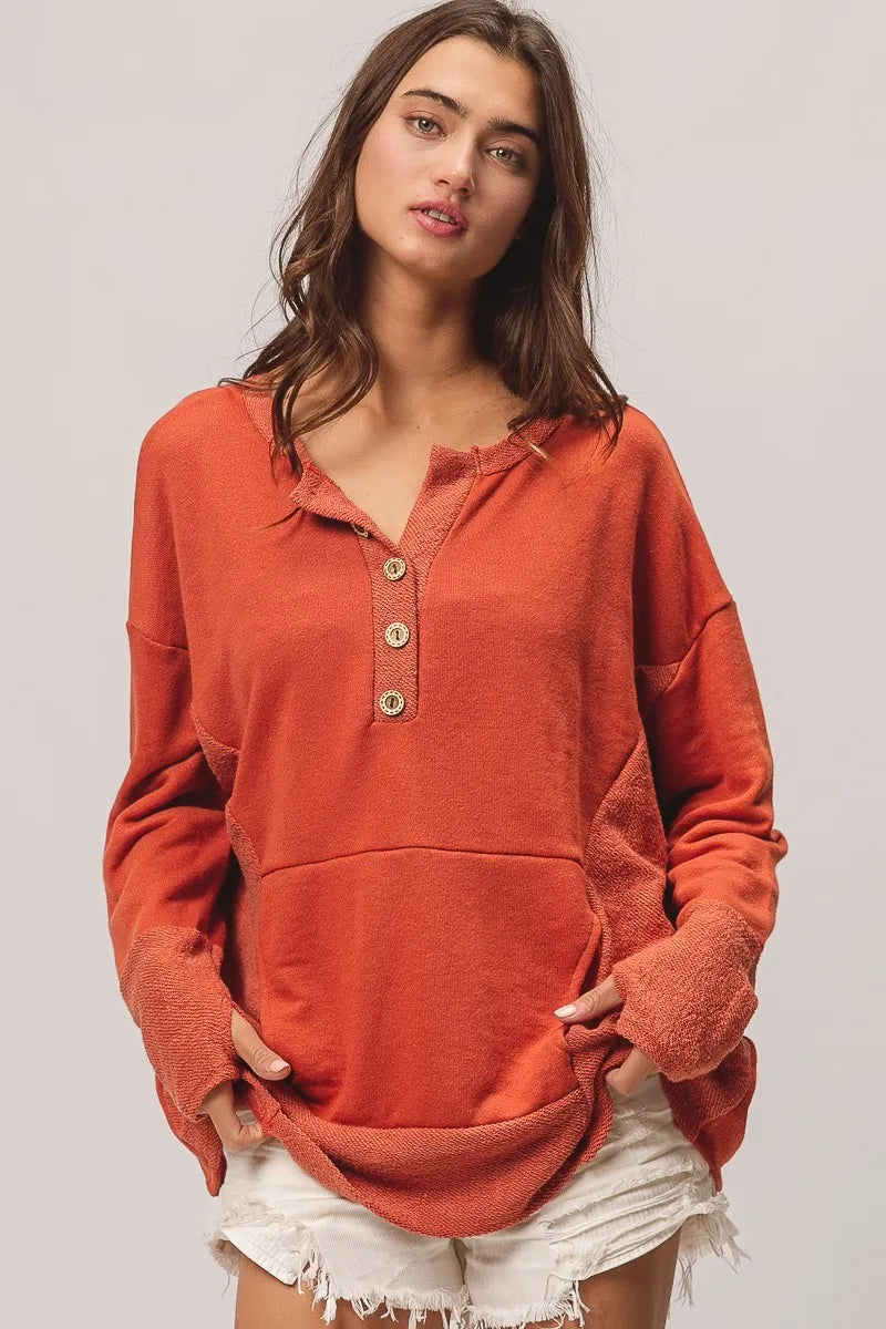 French Terry Knit Side Block Buttoned Henley Top at In Style Chics Boutique 