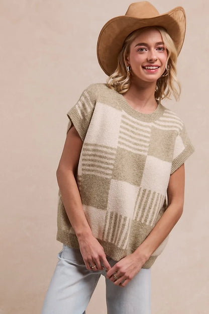 Sleeveless Sweater, Checker With Stripes Pattern - In Style Chics Boutique Women's Juniors Clothes 
