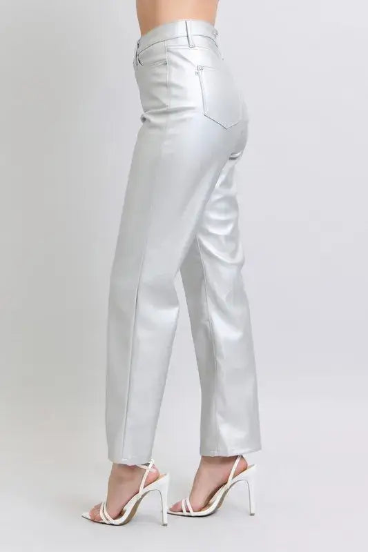 Judy Blue High Waist Silver Faux Leather Pants - In Style Chics Boutique Women's Juniors Plus Size Apparel Online 