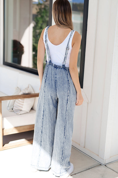 Blue Light Wash Frayed Exposed Seam Wide Leg Denim Overalls for Women Juniors - Cute Clothing Online - In Style Chics Boutique 