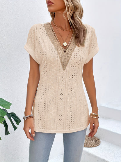 Slit Eyelet V-Neck Short Sleeve Blouse - More Colors! - In Style Chics Boutique LLC