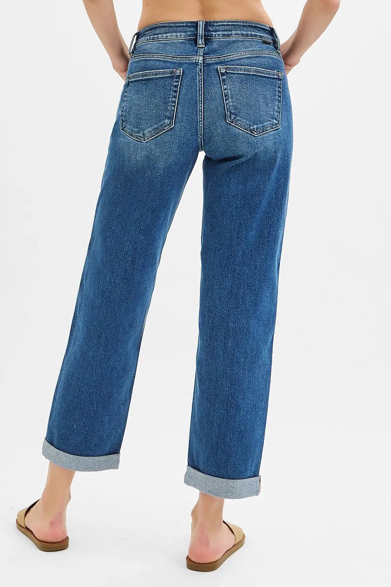 RISEN Mid Rise Boyfriend Roll Up Jeans - In Style Chics Boutique 