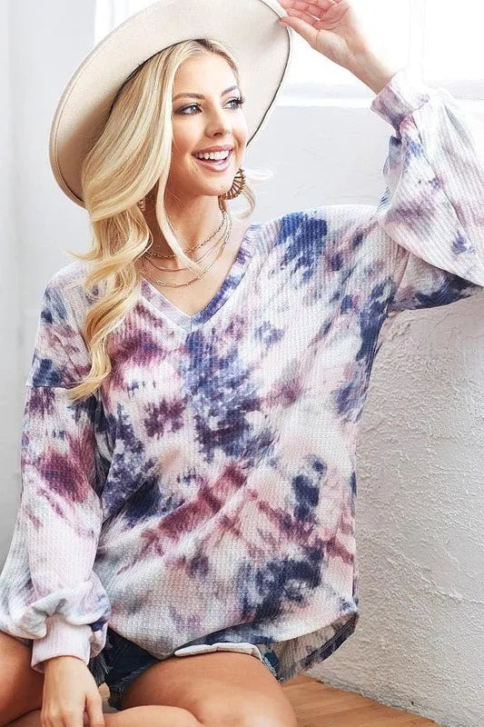 BiBi Tie-Dye V-Neck Long Sleeve Waffle Knit Top