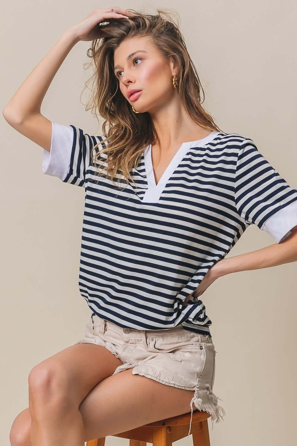BiBi Contrast Striped Notched Knit Top - In Style Chics Boutique Women's Juniors Apparel Online 