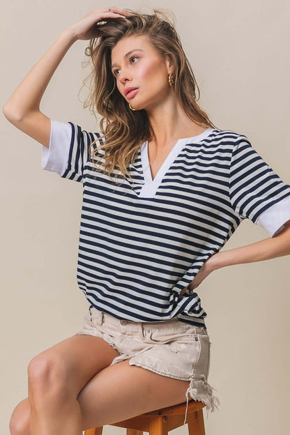 BiBi Contrast Striped Notched Knit Top - In Style Chics Boutique Women's Juniors Apparel Online 