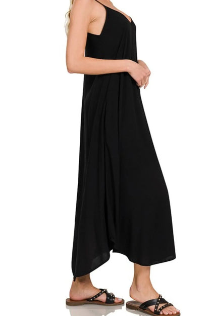 Black Cami Dress With Flowy Pockets, Woven Arc Hem - In Style Chics Boutique Women's Juniors clothes online 