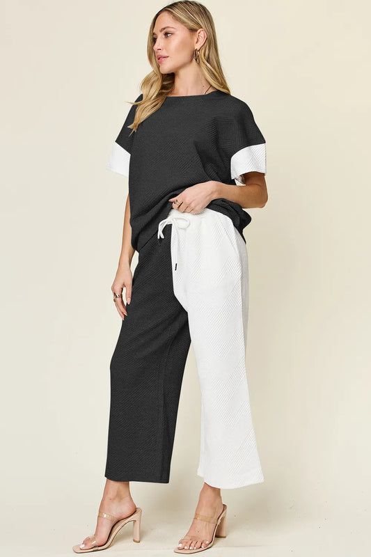 Textured Contrast T-Shirt and Wide Leg Pants Set - In Style Chics Boutique Women's Clothes 