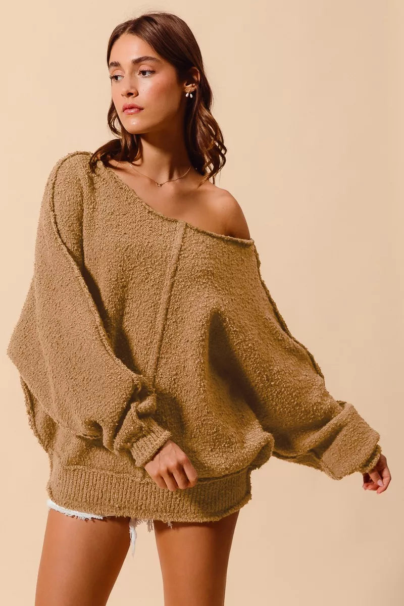 Loose Fit Exposed Seam Slouchy Boucle Sweater at In Style Chics Boutique 