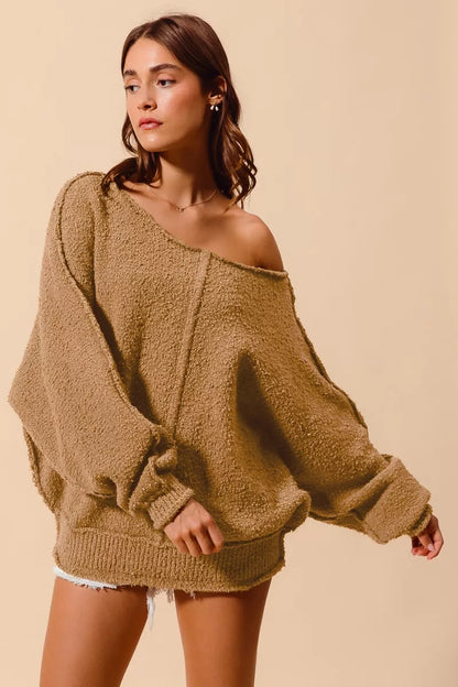 Loose Fit Exposed Seam Slouchy Boucle Sweater at In Style Chics Boutique 