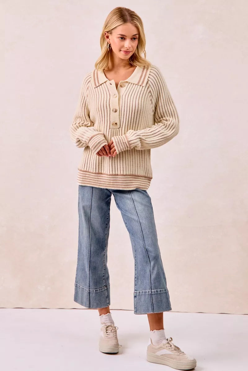Half Button Ribbed Two Tone Sweater at In Style Chics Boutique 
