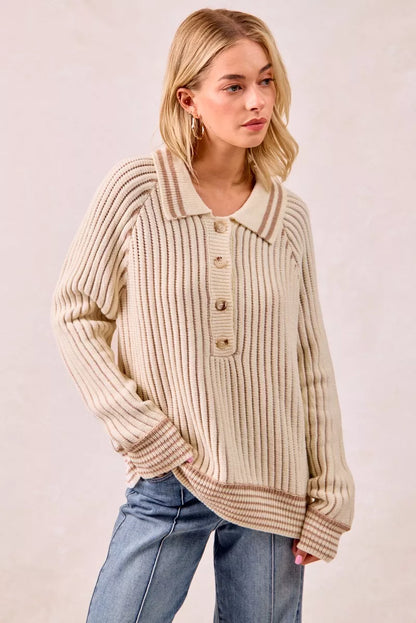 Half Button Ribbed Two Tone Sweater at In Style Chics Boutique 