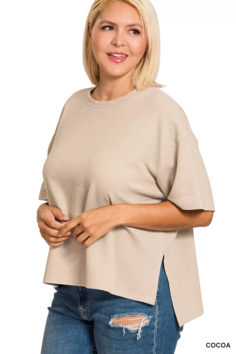 Double Knit Side Slits Hi Low Short Sleeve White Top at In Style Chics Boutique 