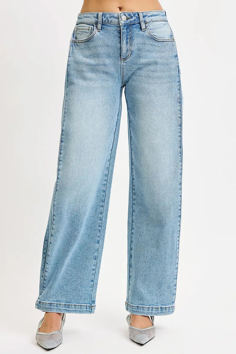 RISEN Mid Rise Wide Barrel Transferable Leg Snap Jeans at In Style Chics Boutique 
