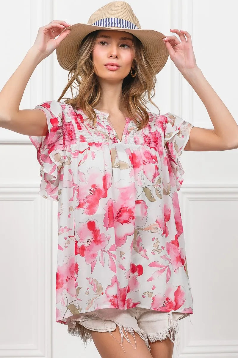 Floral Print Flutter Sheer Top at In Style Chics Boutique 