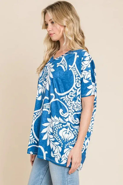 Printed Relaxed V-Neck Tunic Top